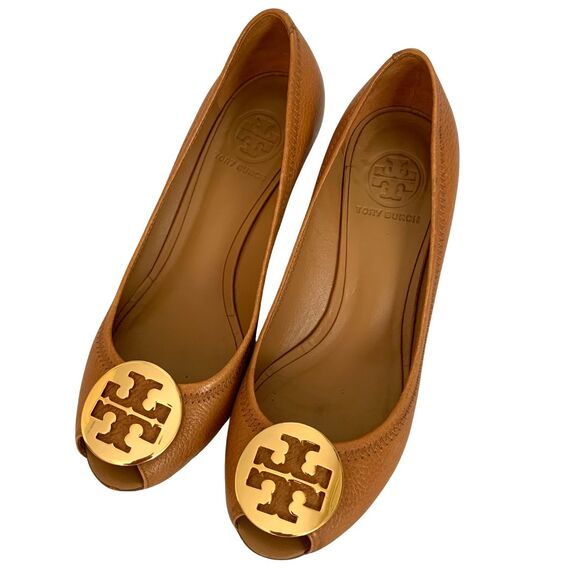 Tory Burch Women’s Brown Leather Logo Peep Toe Wedge Pumps Shoes US 7 - Picture 1 of 10